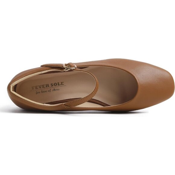 Feversole Women's Maryjane Camel Vegan Leather Synthetic Square Toe Flats - Picture 2 of 5
